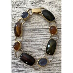 Vintage Multicolor Lucite Cabochon Link Bracelet 6.5" Long  Gold Tone